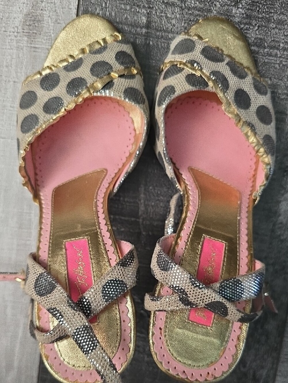 Betsy Johnson Polka Dot Gold Peep-Toe Heels Size 10 - Picture 3 of 5